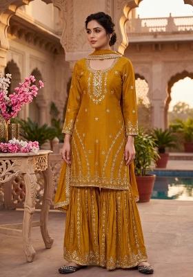 Mustard Yellow Embroidered Silk Sharara Set