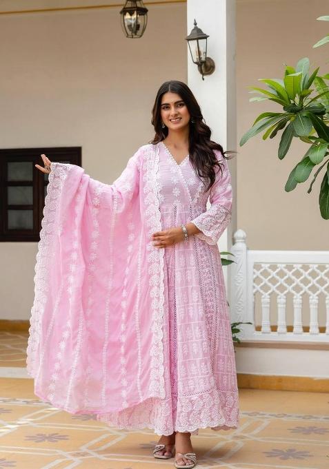 Pink Embroidered Cotton Sharara Set