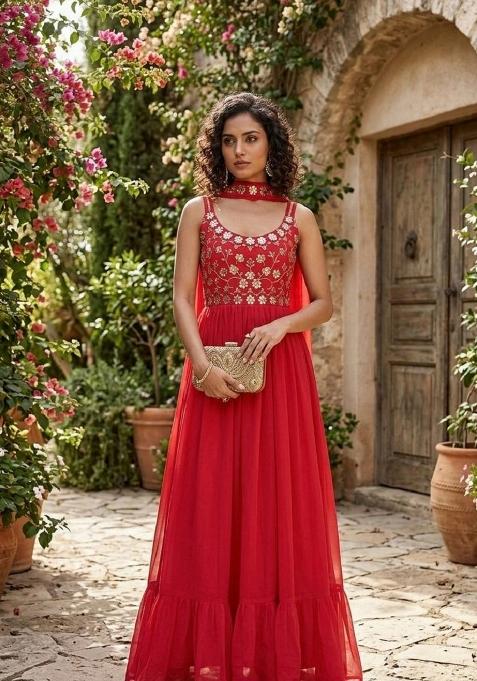 Red Embroidered Georgette Gown With Dupatta
