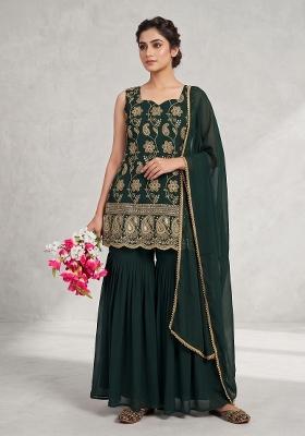 Green Embroidered Georgette Sharara Set