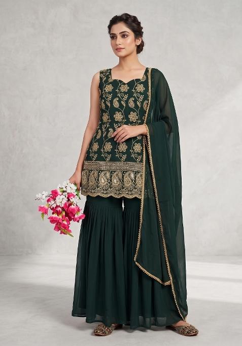 Green Embroidered Georgette Sharara Set