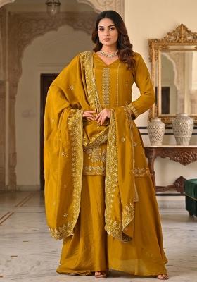 Mustard Yellow Embroidered Silk Sharara Set