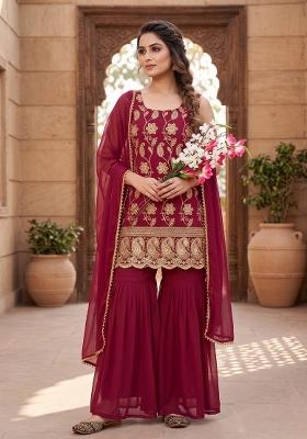 Maroon Embroidered Georgette Sharara Set