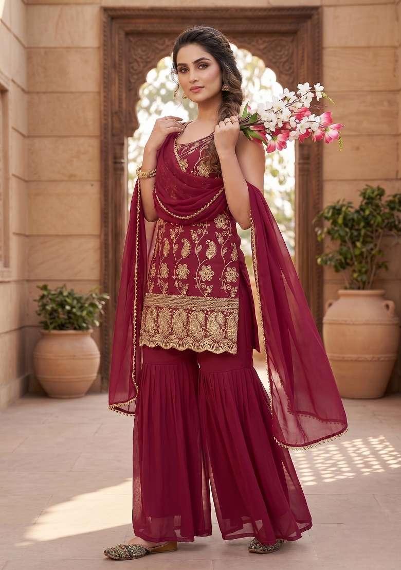 Maroon Embroidered Georgette Sharara Set - Indya