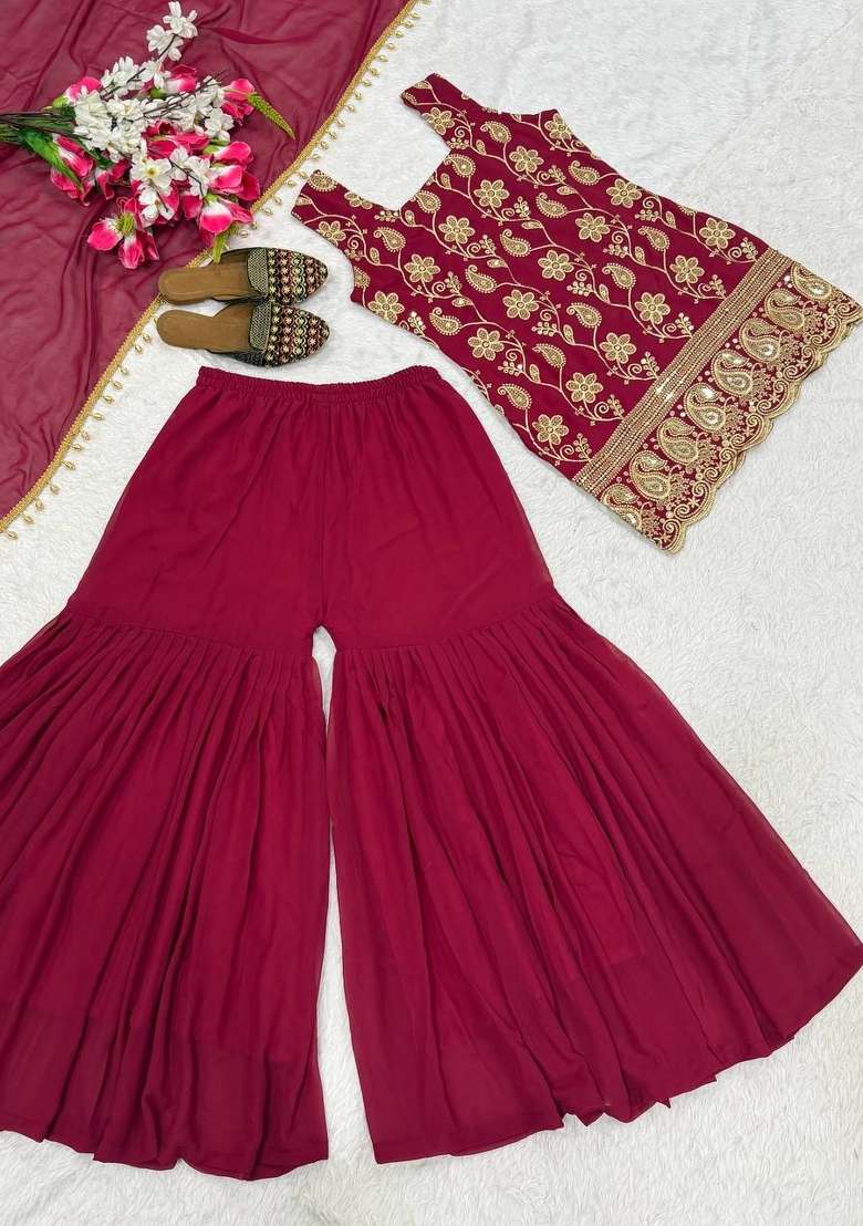 Maroon Embroidered Georgette Sharara Set - Indya