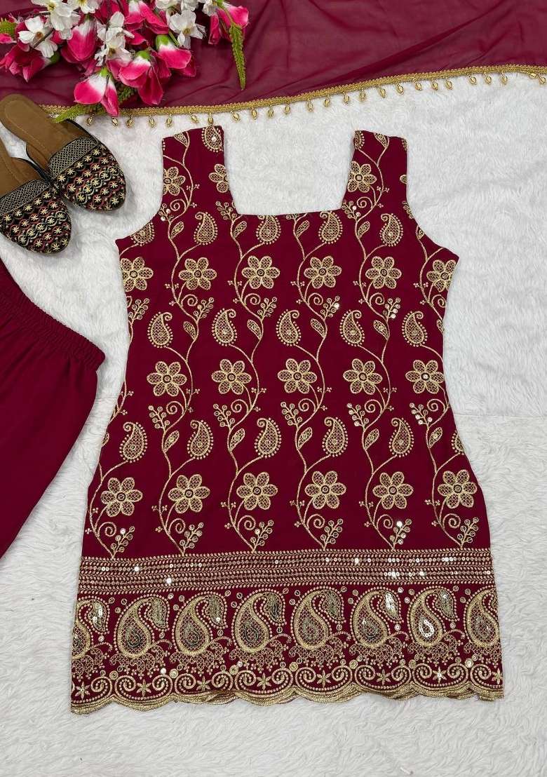 Maroon Embroidered Georgette Sharara Set - Indya