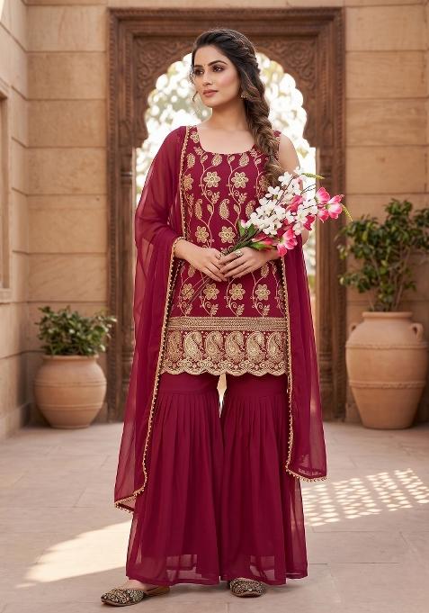 Maroon Embroidered Georgette Sharara Set