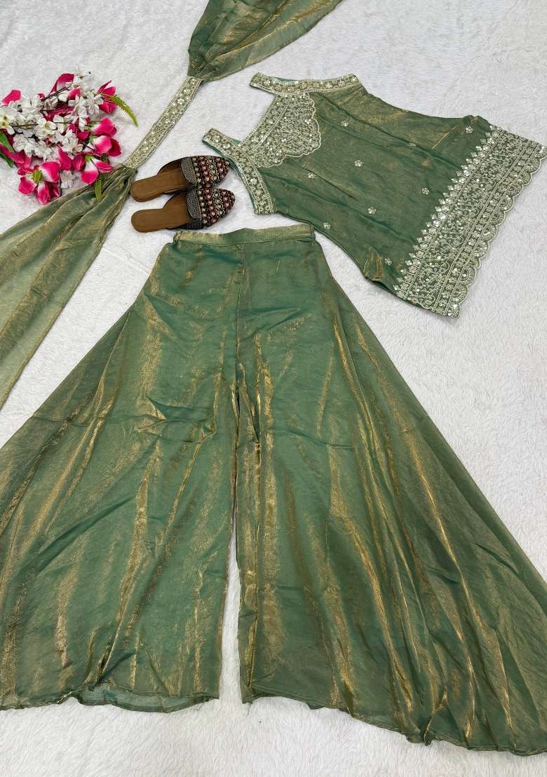 Sea Green Embroidered Silk Sharara Set - Indya