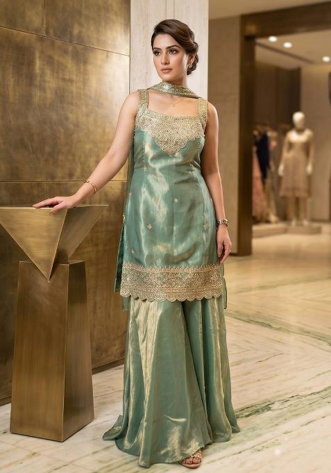 Sea Green Embroidered Silk Sharara Set