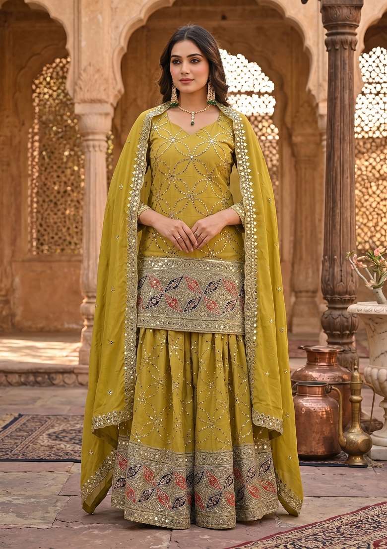 Olive Green Embroidered Silk Sharara Set - Indya