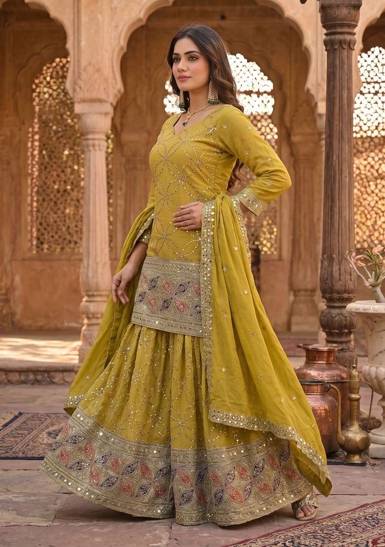 Olive Green Embroidered Silk Sharara Set - Indya