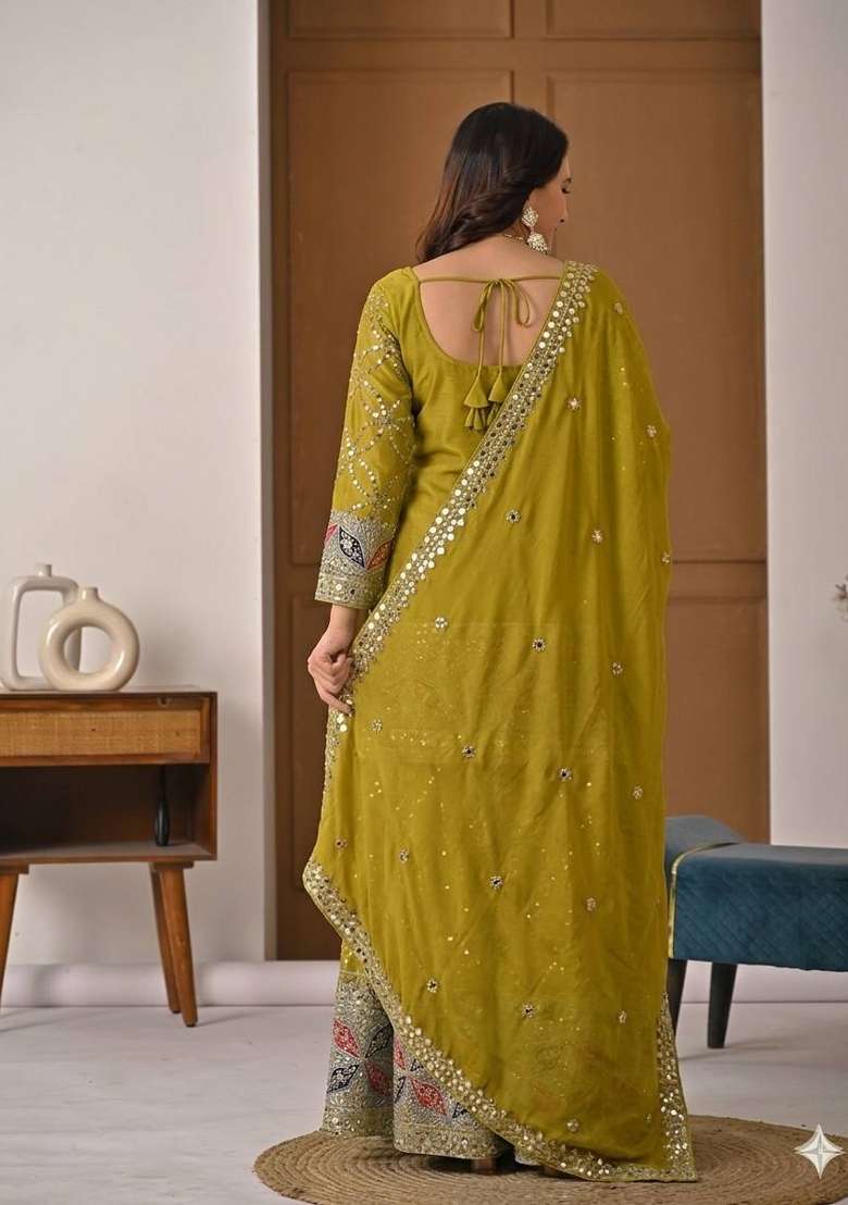 Olive Green Embroidered Silk Sharara Set - Indya