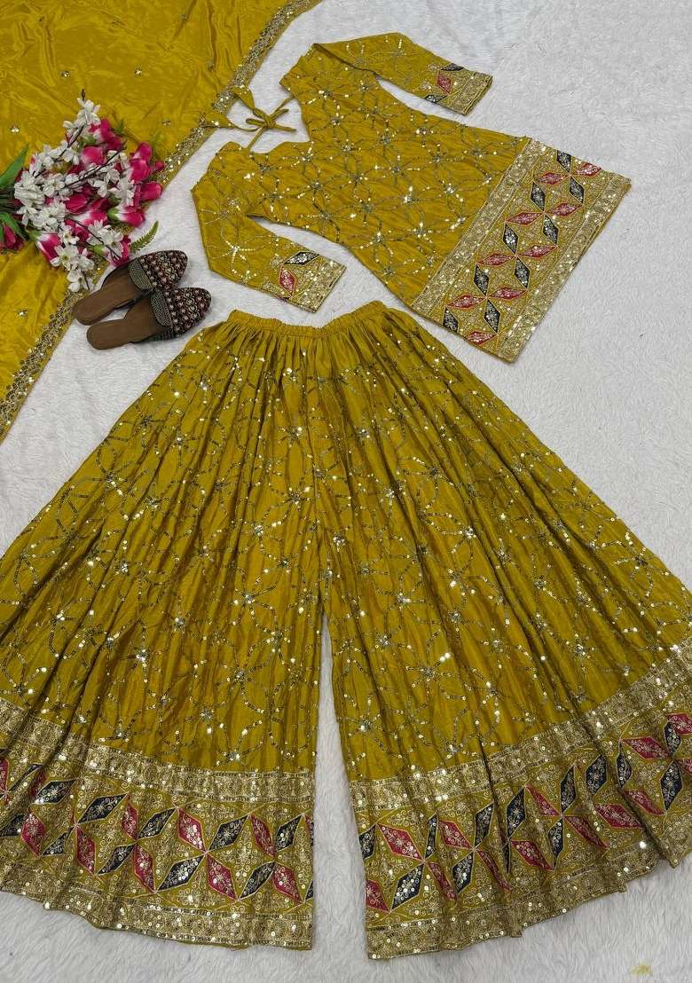 Olive Green Embroidered Silk Sharara Set - Indya