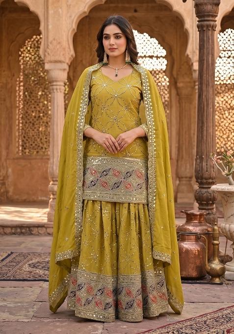 Olive Green Embroidered Silk Sharara Set