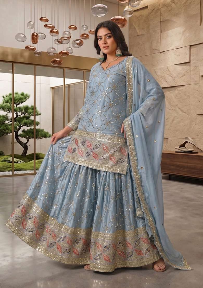 Sky Blue Embroidered Silk Sharara Set - Indya