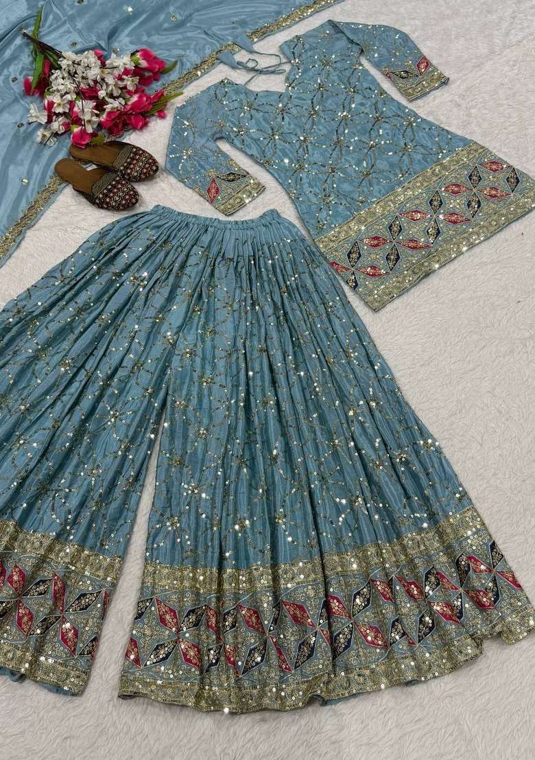 Sky Blue Embroidered Silk Sharara Set - Indya