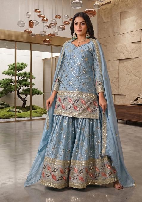 Sky Blue Embroidered Silk Sharara Set