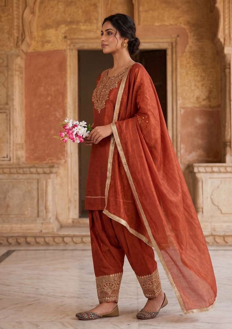Rust Orange Embroidered Silk Sharara Set - Indya