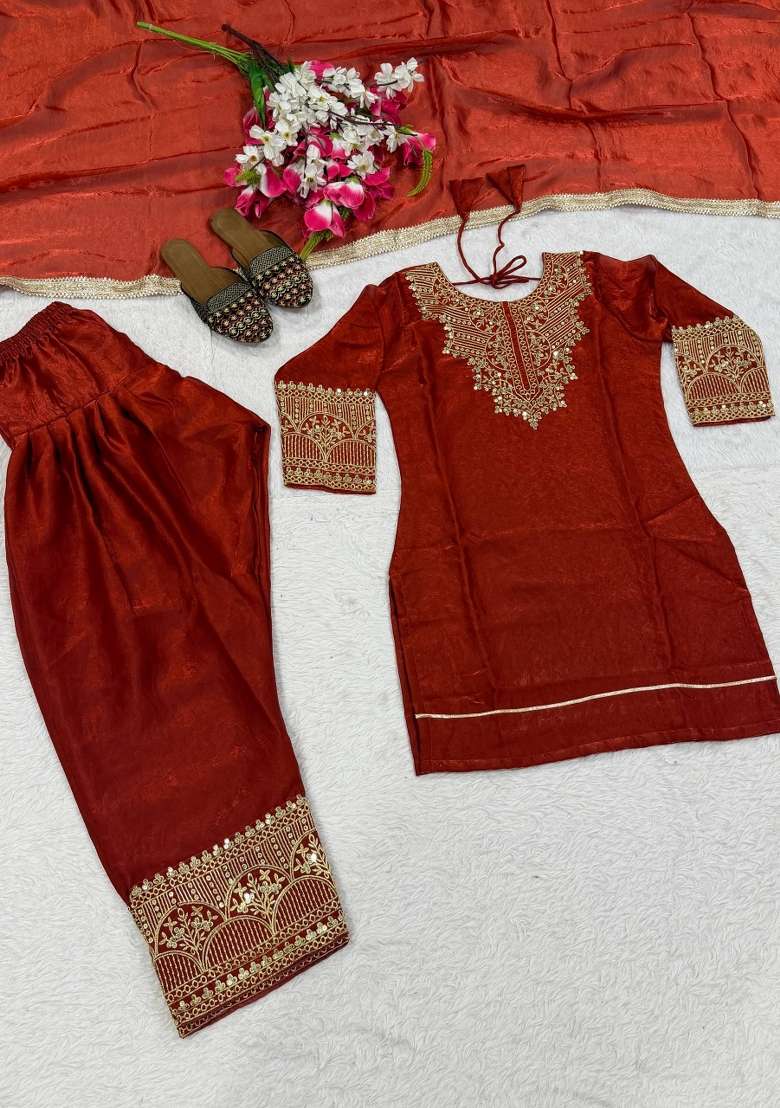 Rust Orange Embroidered Silk Sharara Set - Indya