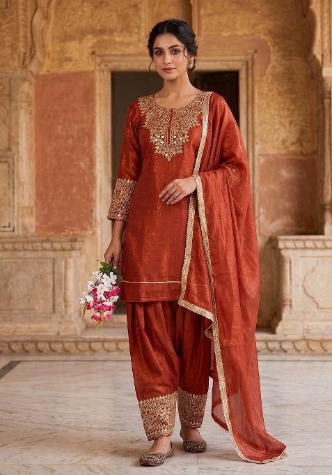 Rust Orange Embroidered Silk Sharara Set