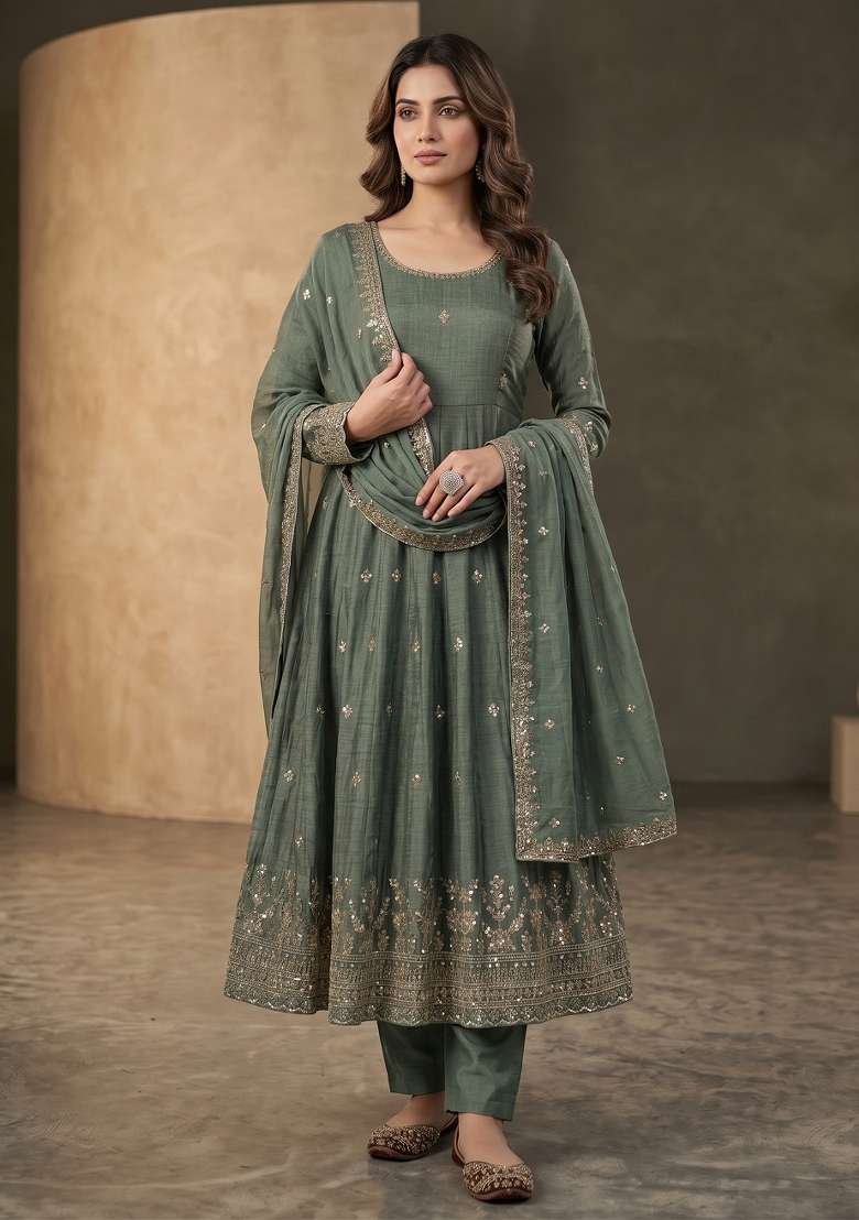 Green Embroidered Silk Sharara Set - Indya