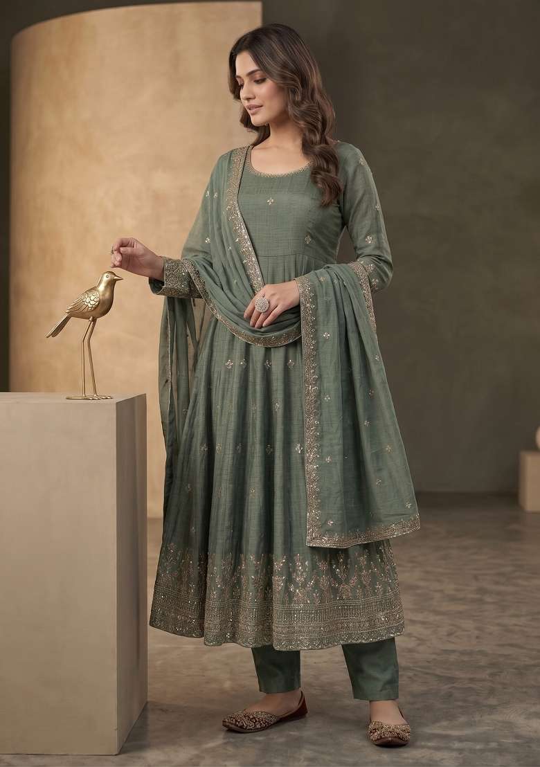 Green Embroidered Silk Sharara Set - Indya