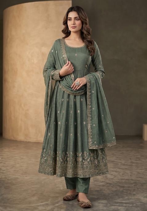 Green Embroidered Silk Sharara Set