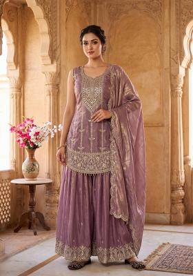 Lavender Embroidered Silk Sharara Set