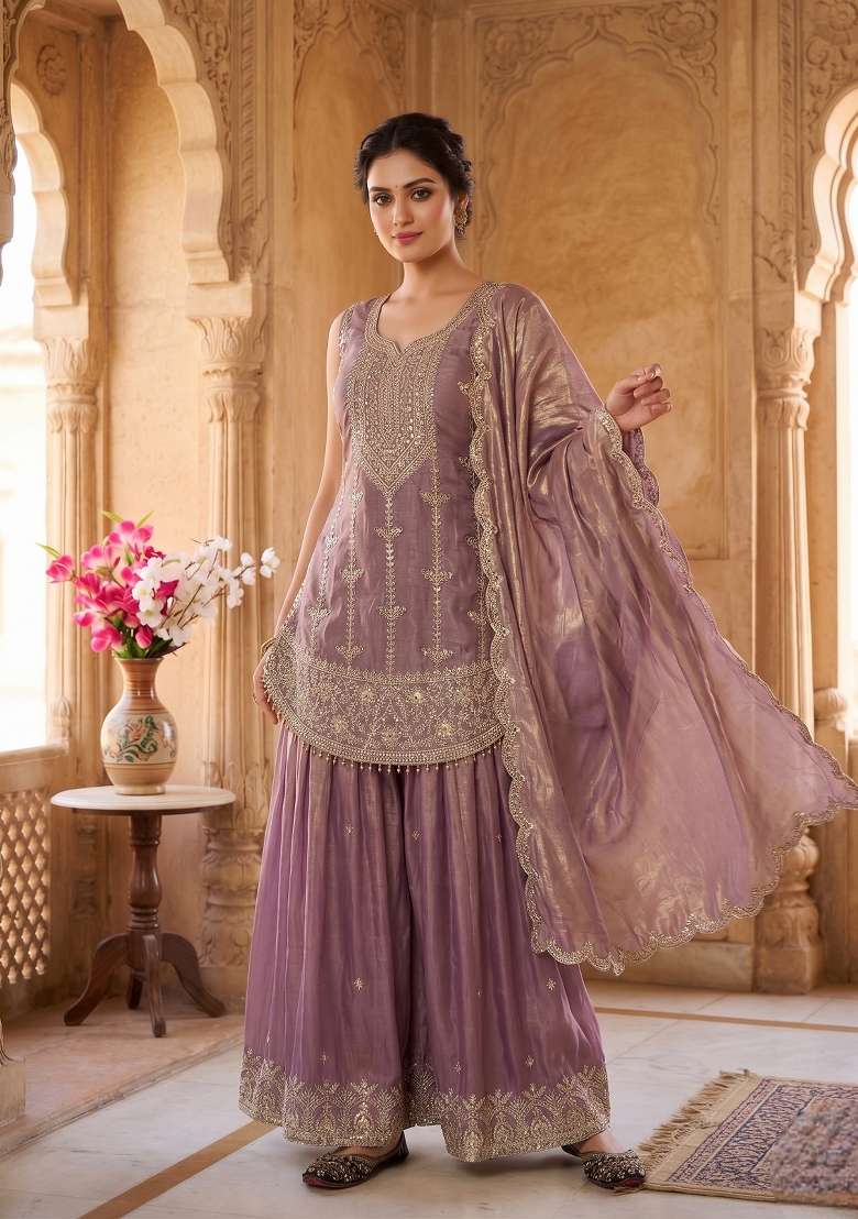 Lavender Embroidered Silk Sharara Set - Indya
