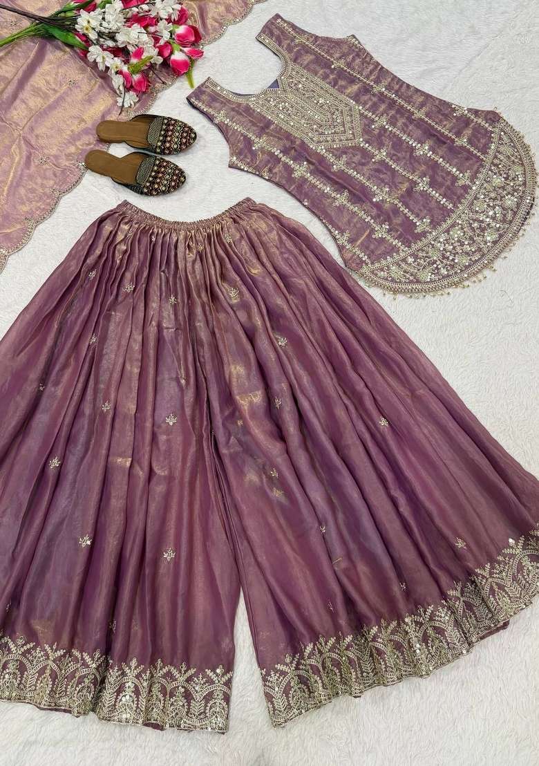 Lavender Embroidered Silk Sharara Set - Indya
