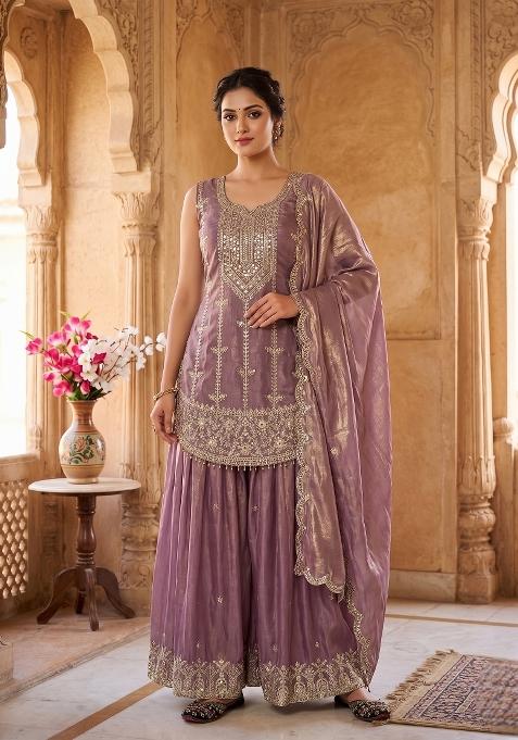 Lavender Embroidered Silk Sharara Set
