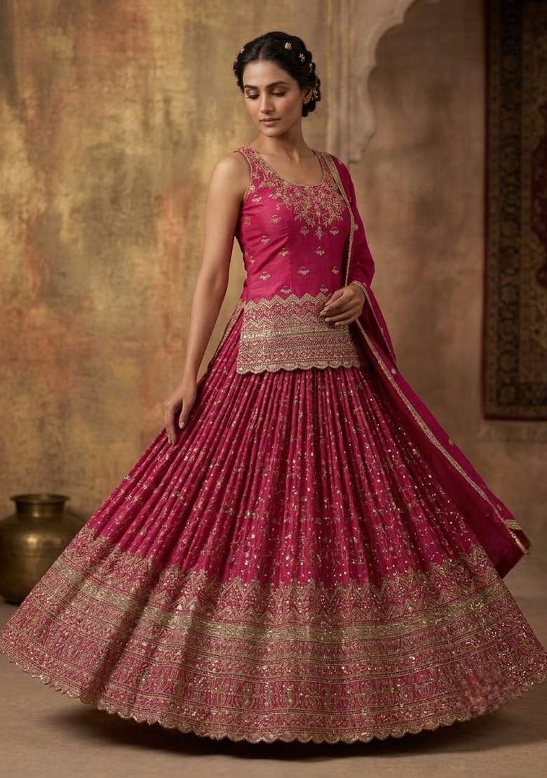 Rani Pink Embroidered Silk Sharara Set - Indya
