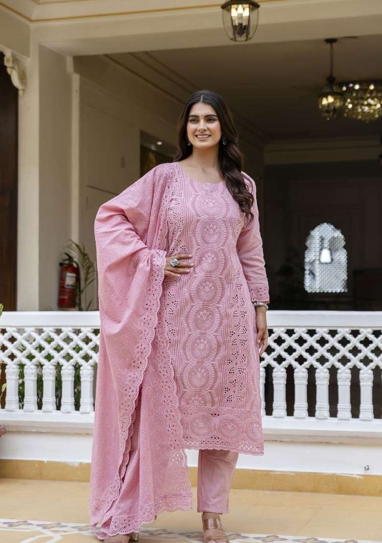 Pink Embroidered Cotton Sharara Set - Indya