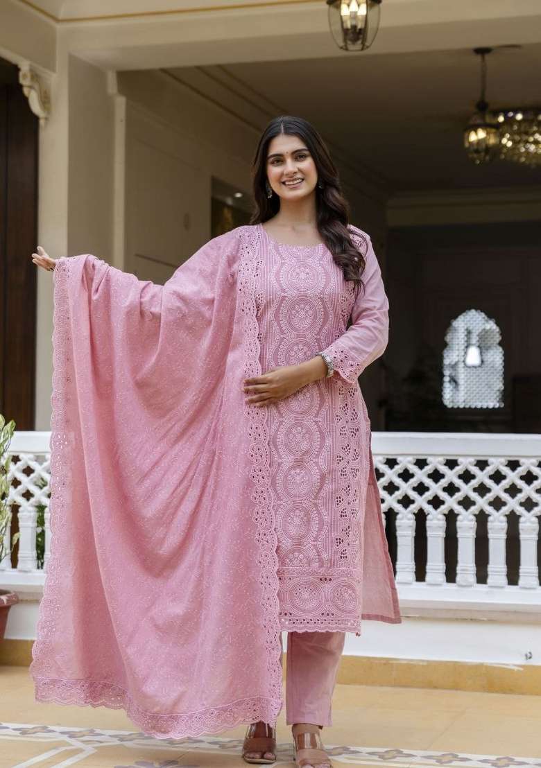 Pink Embroidered Cotton Sharara Set - Indya