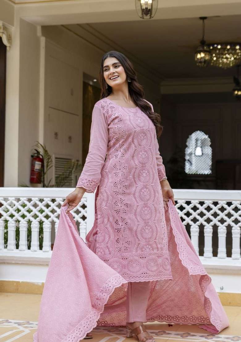 Pink Embroidered Cotton Sharara Set - Indya