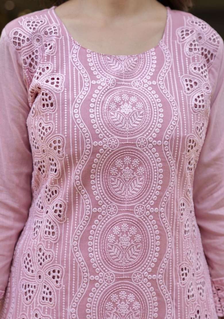 Pink Embroidered Cotton Sharara Set - Indya