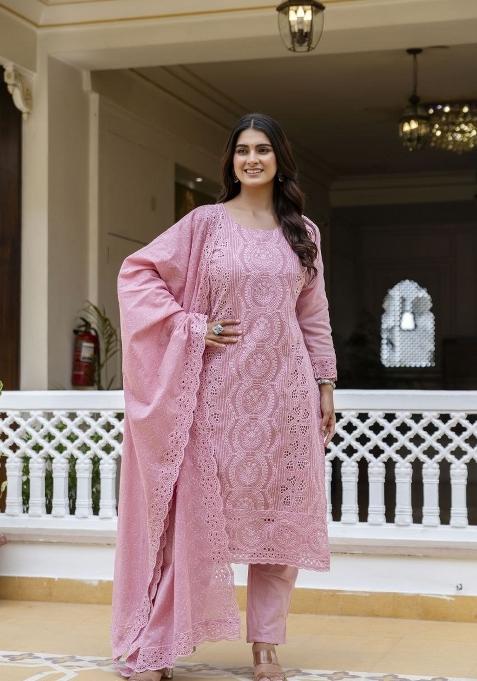 Pink Embroidered Cotton Sharara Set