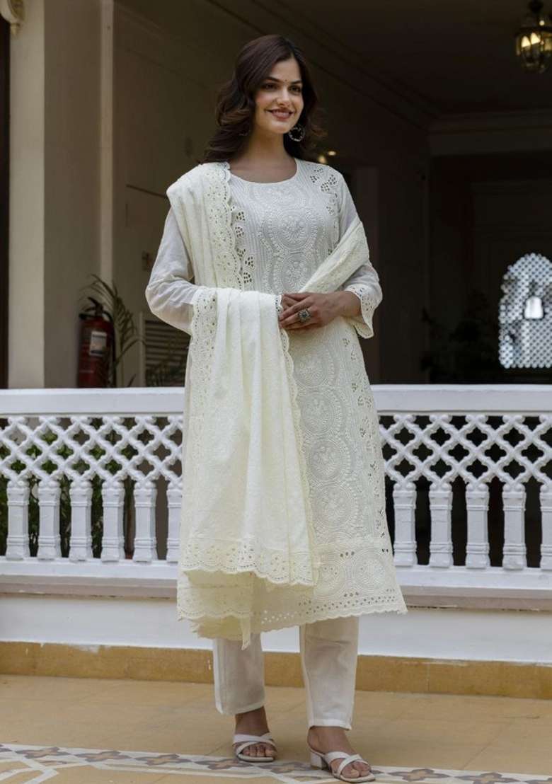 Off White Embroidered Cotton Sharara Set - Indya