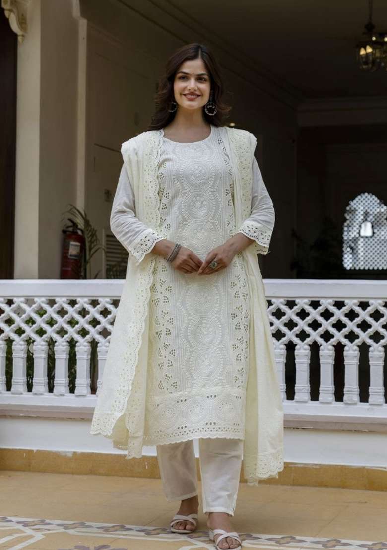 Off White Embroidered Cotton Sharara Set - Indya