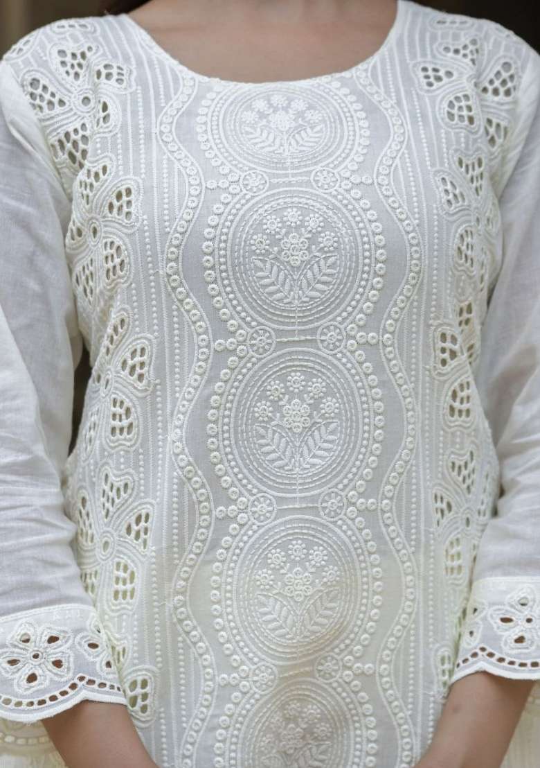 Off White Embroidered Cotton Sharara Set - Indya