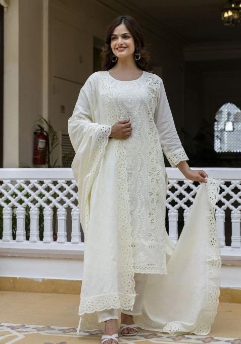 Off White Embroidered Cotton Sharara Set