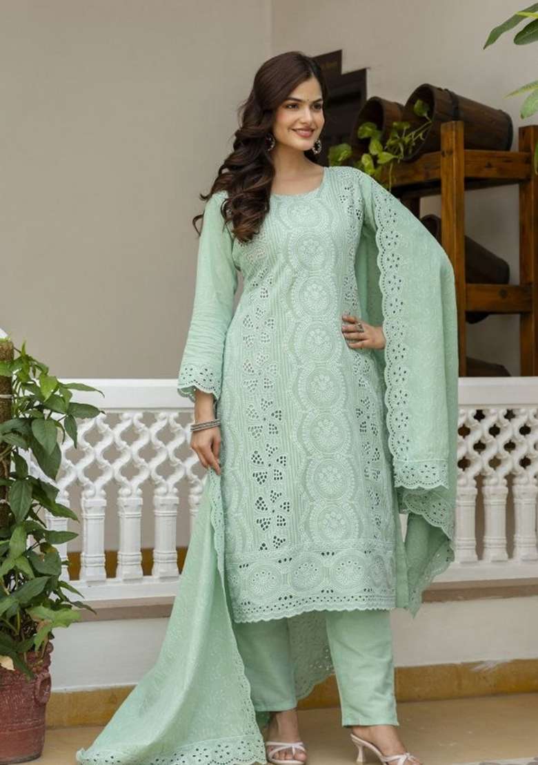 Sea Green Embroidered Cotton Sharara Set - Indya