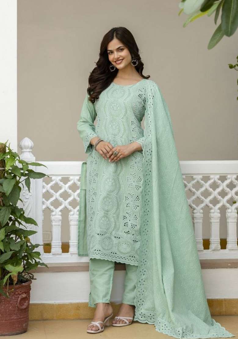 Sea Green Embroidered Cotton Sharara Set - Indya