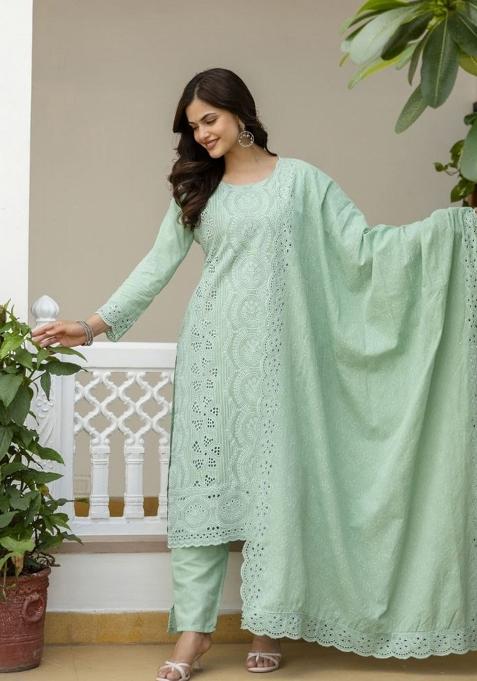 Sea Green Embroidered Cotton Sharara Set
