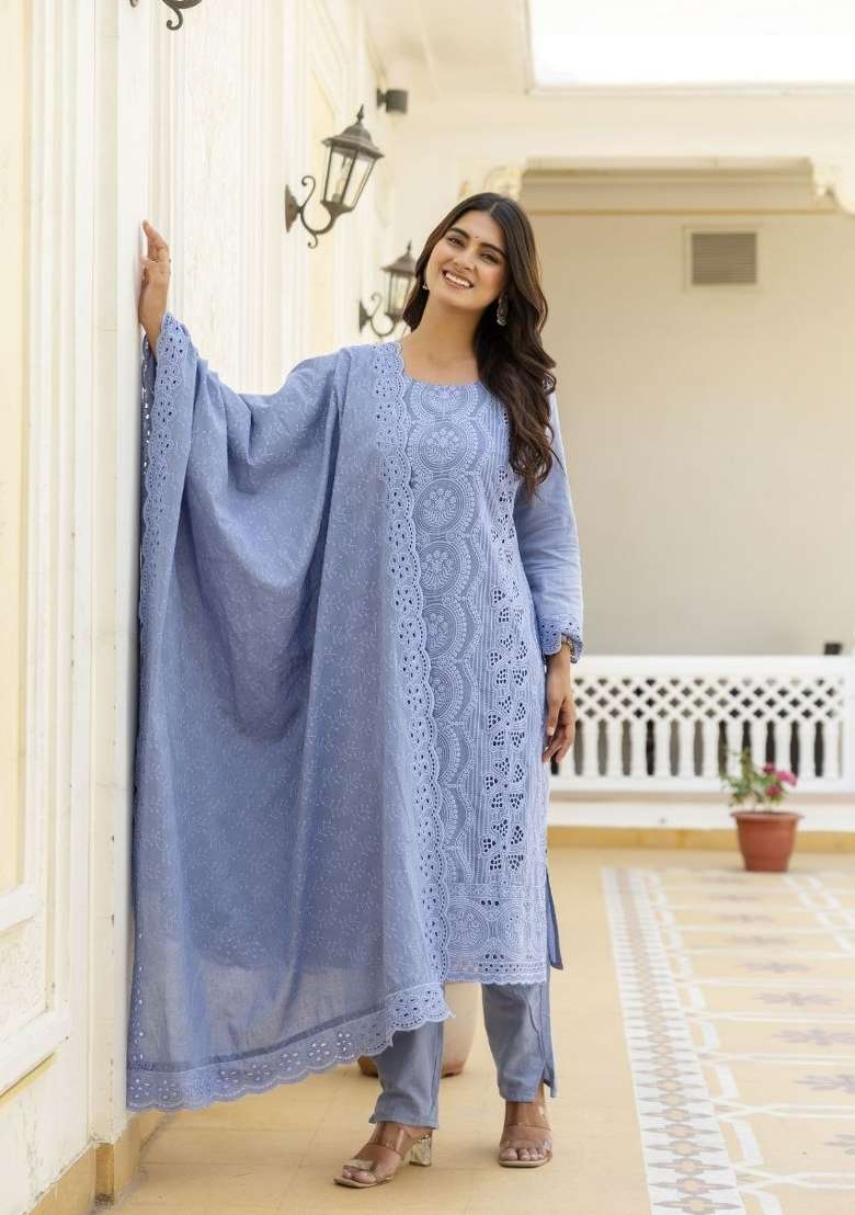 Blue Embroidered Cotton Sharara Set - Indya