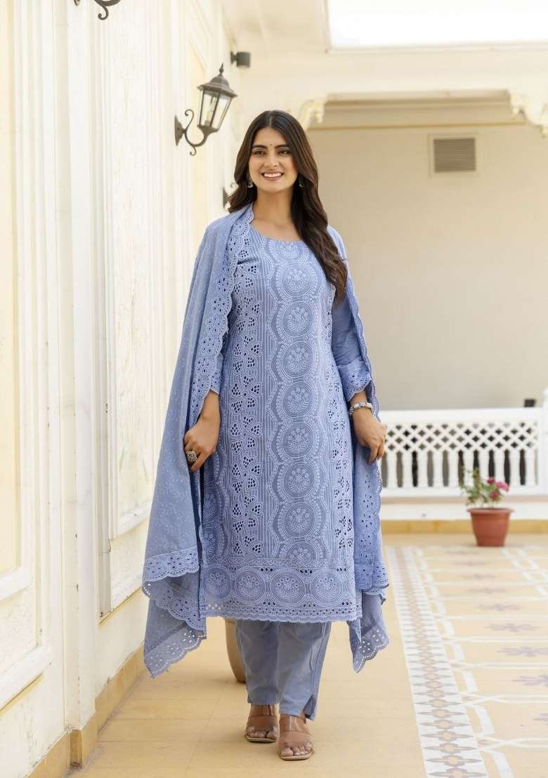 Blue Embroidered Cotton Sharara Set - Indya
