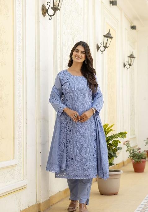 Blue Embroidered Cotton Sharara Set