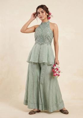 Mint Green Embroidered Silk Sharara Set