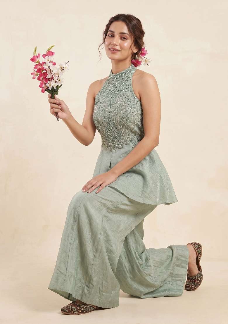 Mint Green Embroidered Silk Sharara Set - Indya