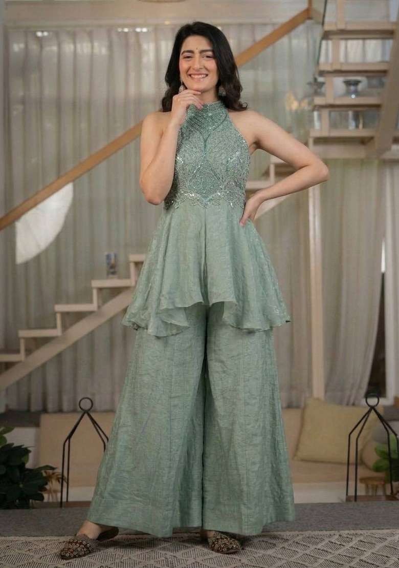 Mint Green Embroidered Silk Sharara Set - Indya